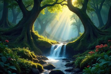 Wall Mural - Enchanted woodland bathed in ethereal sunlight, ancient trees draped with glowing moss, a mystical waterfall cascades through the heart of the forest, creating a magical scene , lush, whimsical