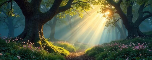 Wall Mural - Enchanted woodland bathed in ethereal sunlight, dappled shadows across ancient trees, glowing flora, mystical atmosphere , atmosphere, branches