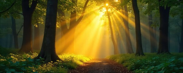 Wall Mural - sunbeams illuminate forest floor, leafy canopy, radiant natural light, peaceful nature scene