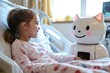 © Татьяна Евдокимова - Smiling girl interacting with an AI robot in a hospital bed, receiving emotional support and companionship during recovery