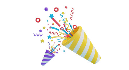 Two party poppers exploding with colorful confetti isolated on a transparent background celebration