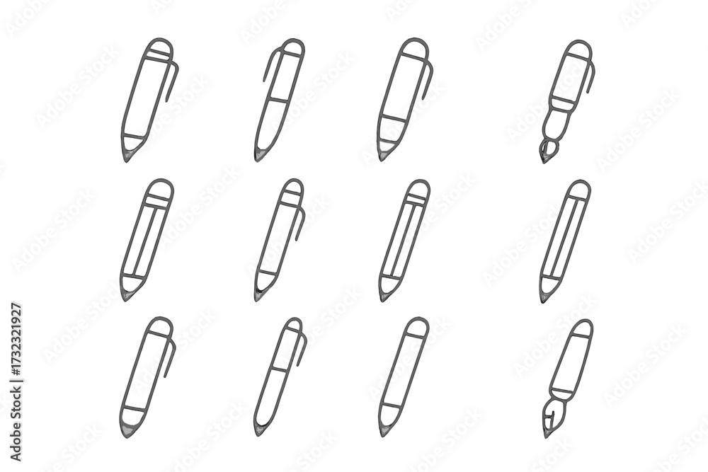 Pen and pencil line icon set. Collection of thin outline writing tools ...