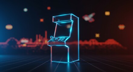 Vibrant Neon Arcade Cabinet Outline Illuminating a Retro Cyberpunk Cityscape with Digital Pixel Art