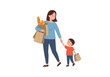 © FRIDA STORE - Woman carrying groceries holding hands with a child also carrying a bag