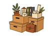 © Louisa - Hand drawn flat style vector illustration of cardboard boxes packed with office items, plants, documents, clock and briefcase, corporate moving and office relocation concept, work organization