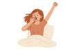 © Louisa - Young woman waking up in bed yawning, morning routine, start good day concept, sleepy girl stretching in bed, cozy bedroom scene, flat hand-drawn vector illustration