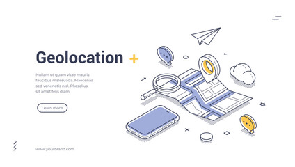 Wall Mural - Geolocation map tracking GPS navigation mobile app isometric web banner design template line vector illustration. Global positioning system cartography navigate direction route pointer technology