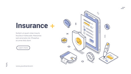 Wall Mural - Insurance guarantee agreement mobile app isometric web banner design template line vector illustration. Safety protection contract secure warranty term and condition legal form smartphone application