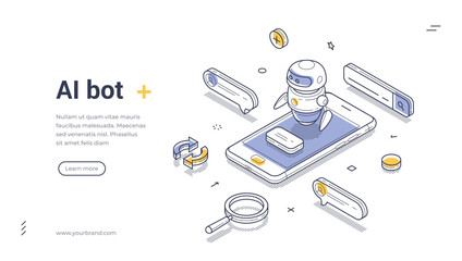 AI bot chatbot help assistance mobile app isometric web banner design template line vector illustration. Artificial intelligence robotic consulting search information smartphone application technology