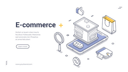 Wall Mural - E commerce online shopping marketplace mobile app isometric web banner design template line vector illustration. E business internet store shop market supermarket buy goods purchase retail technology