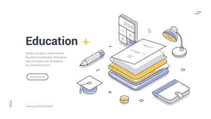 Wall Mural - Education back to school learning graduation isometric web banner design template line vector illustration. Studying literature knowledge wisdom college university training class lesson tutorial