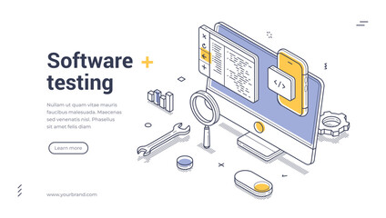 Software testing coding programming isometric web banner design template line vector illustration. Computer program code development datum automation engineering information technology optimization