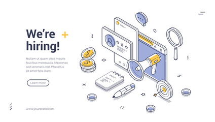 Wall Mural - We are hiring HR vacancy internet promotion isometric web banner design template line vector illustration. Job recruitment headhunting human resources candidate searching online advertising