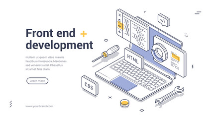Wall Mural - Front end development software coding programming isometric web banner design template line vector illustration. Computer program languages digital engineering construct information technology