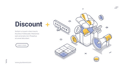Wall Mural - Online shopping sale discount Black Friday isometric web banner design template line vector illustration. Internet marketplace cost reduction special offer loyalty program gift shop store campaign
