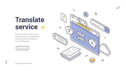 Wall Mural - Translate language internet dictionary service isometric web banner design template line vector illustration. Multilingual vocabulary education communication international speak online studying