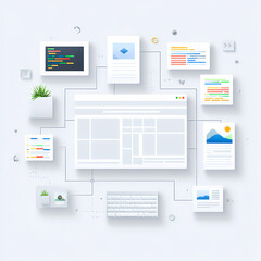 A conceptual illustration of web development and design with a central browser surrounded by UI elements and code.