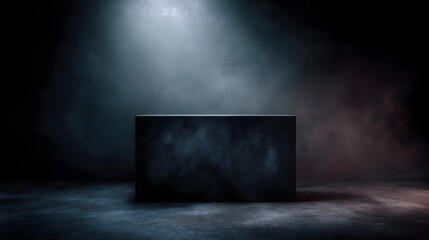 Wall Mural - A dark moody stage with a spotlight beam illuminating a minimalist rectangular pedestal amidst atmospheric smoke