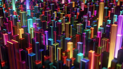 loop background of futuristic colorful neon geometric pattern on black backdrop