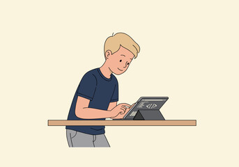 Young programmer coding on tablet home office digital contemporary eye-level technology innovation