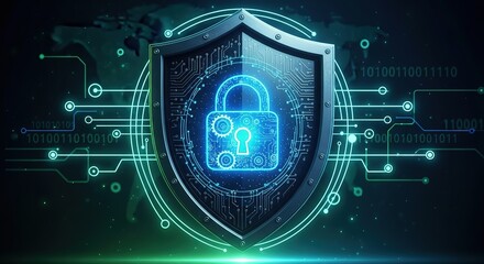 Digital shield with glowing padlock and binary code symbolizes advanced cyber security and data protection for modern businesses and networks