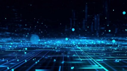 Abstract visualization of a futuristic digital cityscape with glowing blue data particles and a network grid