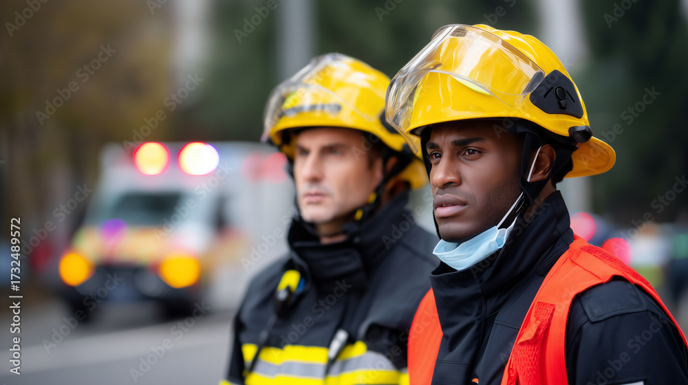 Stock-Foto „Police officer and firefighters working together at ...