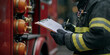 © trustgfx8 - Firefighter inspecting equipment on fire truck with clipboard