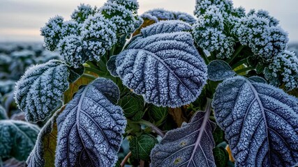 Wall Mural - Medium shot of coldhardy crop plants with frostcovered leaves highlighting development for survival in freezing temperatures and harsh winter environments.