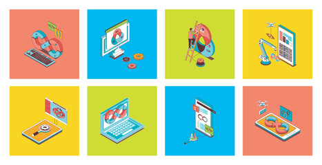 Wall Mural - DevOps concept of 3d isometric icons set. Pack with agile development operation practice, products cycles with programming, creating and release stages, working organisation. Vector illustration.