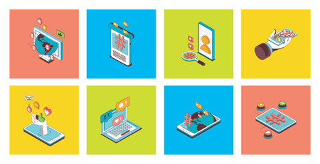 Wall Mural - Social network concept of 3d isometric icons set. Pack with connecting and communicating online, chat with friends, commenting, likes and shares posts, sharing information links. Vector illustration.