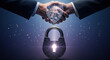 © Elenba - Business security with strong padlock and successful handshake against futuristic backdrop. Business security deal shown with handshake between partners, shield for data protection,
