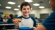 © Amal - Smiling Boy Enjoying Hot Dog and Fries at School Lunch Table With Friend or Classmate