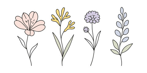 Simple Aesthetic Flowers set. Pastel wildflowers