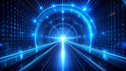 Digital data stream tunnel with binary code, abstract tech background, technology innovation concept