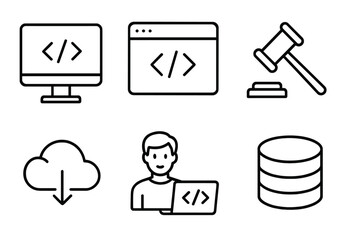 Programming and coding web icons in modern line style, software development, legal gavel, cloud computing download, programmer with laptop, database collection, technology vector illustration
