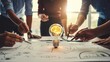 © TechNova Graphics - Brainstorming session with light bulb and brain creative idea generation teamwork