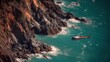 © Justlight - Medium shot of helicopter flying over rugged coastal cliffs with turquoise waters main rotor in sharp focus background blurred for dramatic depth effect.