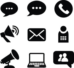 Collection of black communication and technology icons on white background speech bubble