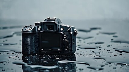 Cinematic DSLR camera back view showing screen and buttons on wet pavement ai-generated video. Rear view of black DSLR camera with screen and buttons on wet reflective surface ai-generated video.