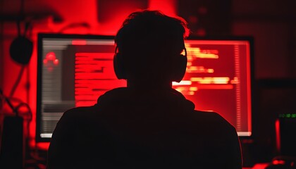 Focused individual working on coding at night.