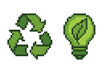© Jeane - Recycling symbol and eco light bulb with leaf in pixel art style. Vector icon set for green energy, sustainability, ecology. 8-bit retro gaming graphic for environment and waste.