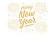© Constance - Happy New Year golden calligraphy text. Festive greeting card design with gold fireworks and stars. Luxury handwritten lettering for holiday celebration, invitation and New Year's Eve.