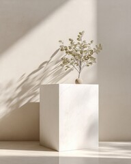 Wall Mural - Pristine White Marble Podium with Natural Soft Lighting and Plant