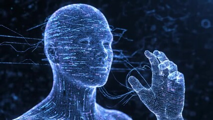 AI Digital Head with Data Stream - A digital human head with a glowing hand gesture is shown, representing AI technology and future innovation.