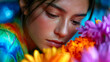© Aliaksandra - Close-up portrait of a woman resting her face among colorful marigold blossoms
