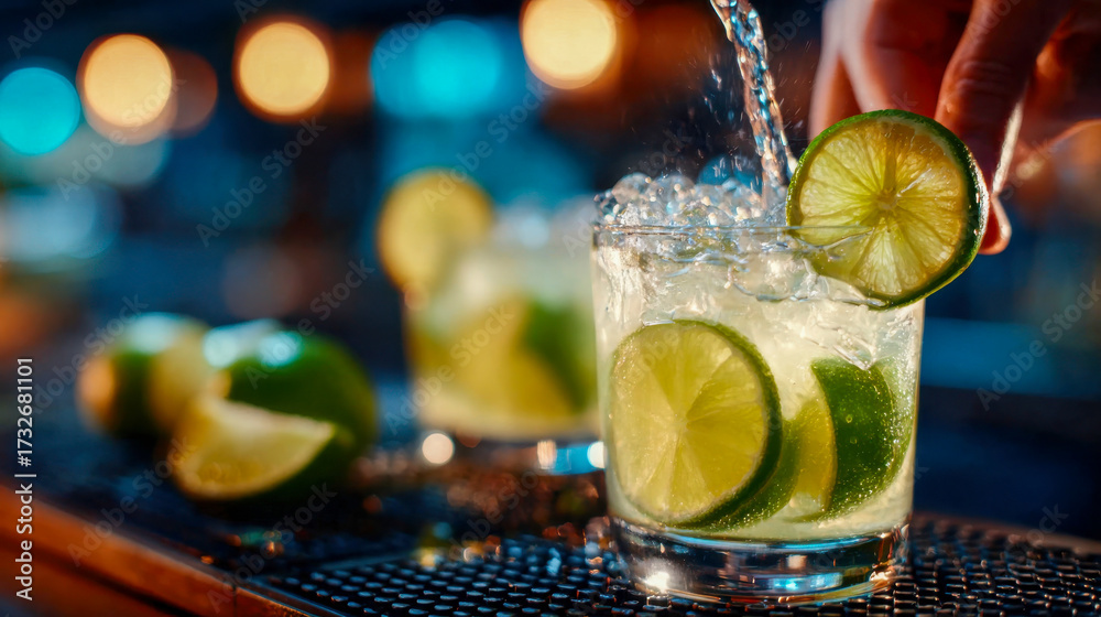 Refreshing cocktail with lime slices and ice cubes served in a glass at ...