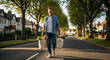 © Felippe Lopes - Man returning home carrying groceries in reusable tote bags He walks down a tree - lined residential street on a sunny day
