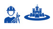 © Alienmarsh - Blue icons of a construction engineer and a castle fortress.