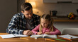© Felippe Lopes - Father helping his daughter with homework at home He is explaining the task while she is looking concentrated in the book